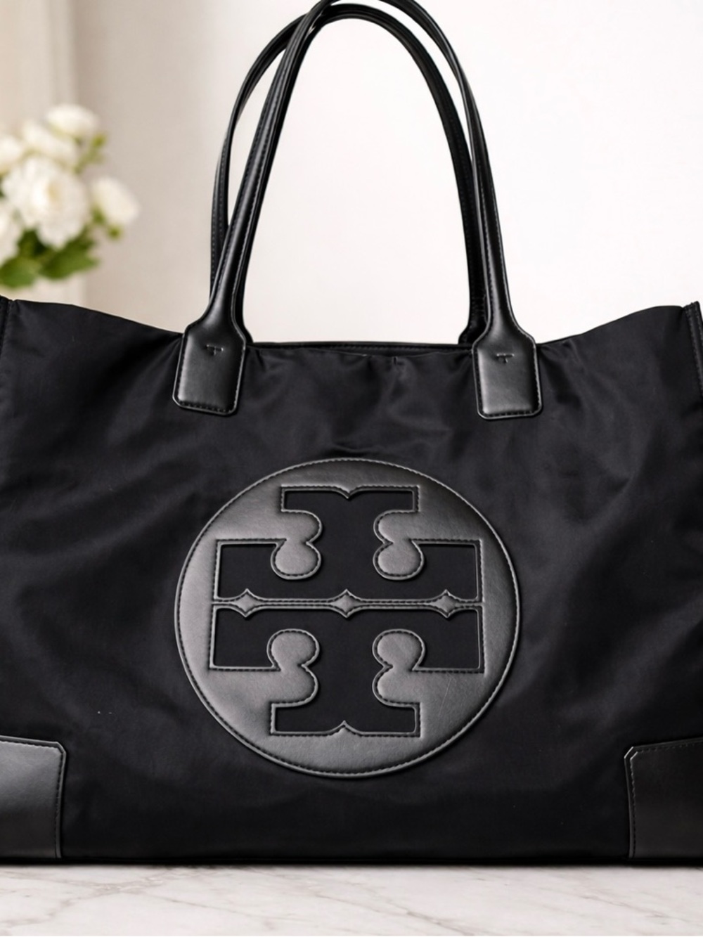 Tory Burch Black Nylon Logo Tote with Leather Trim